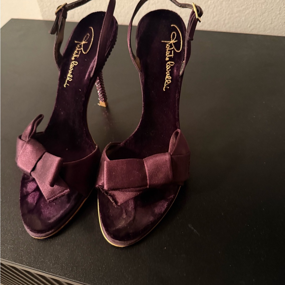 Roberto Cavalli vintage Vero Cuoio dark purple satin heels with bow
